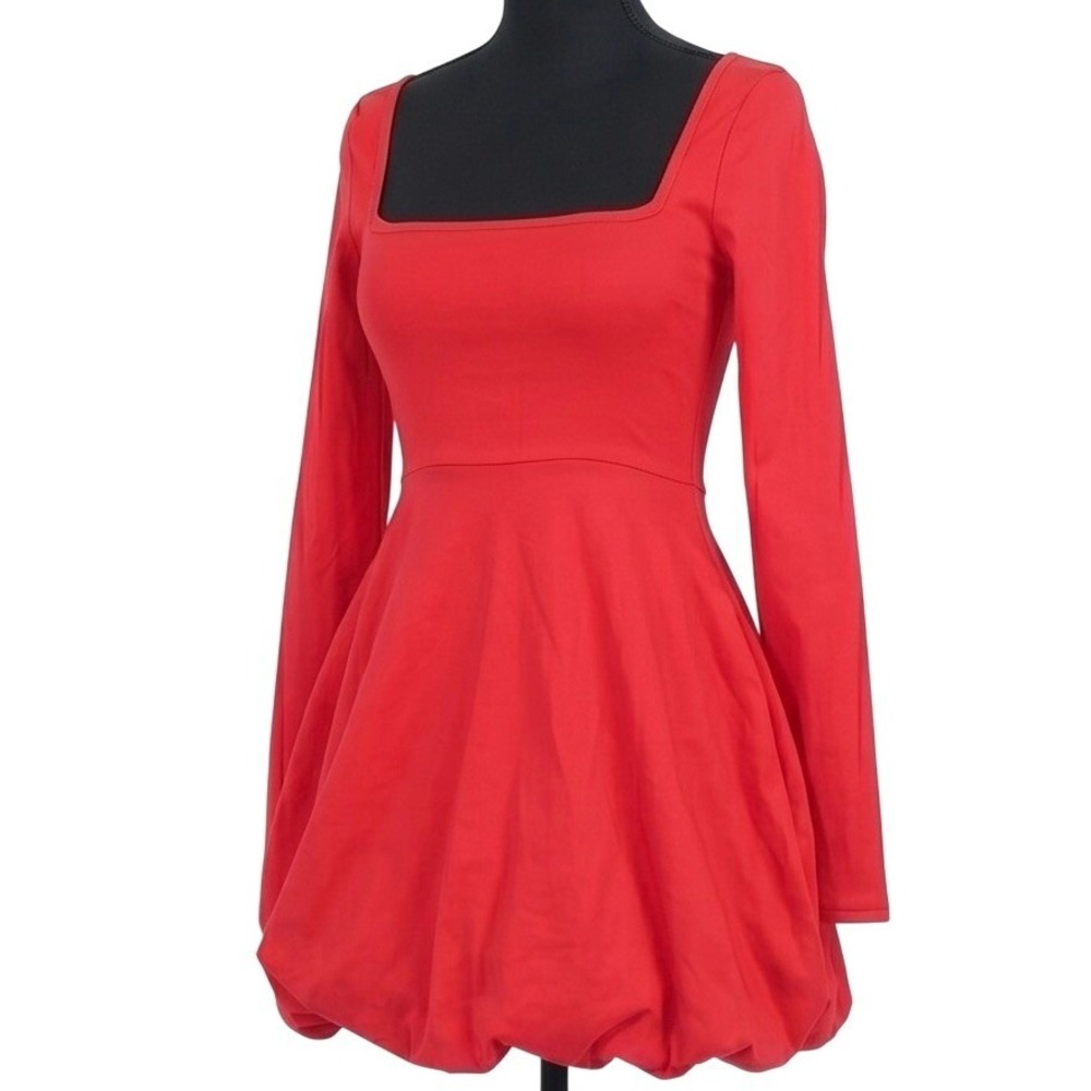 PrettyLittleThing Cherry Red Stretch Woven Long Sleeve Puffball Shift Dress Sz 6 - Picture 3 of 7
